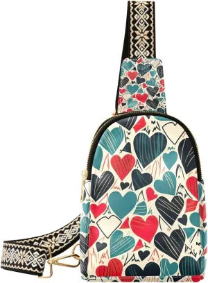 xigua Small Sling Bag for Women Vintage Heart Fanny Pack Faux Leather Crossbody Bags Lightweight Chest Bag
