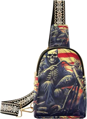 xigua Small Sling Bag for Women Vintage Motorcycle Flag Fanny Pack Faux Leather Crossbody Bags Lightweight Chest Bag