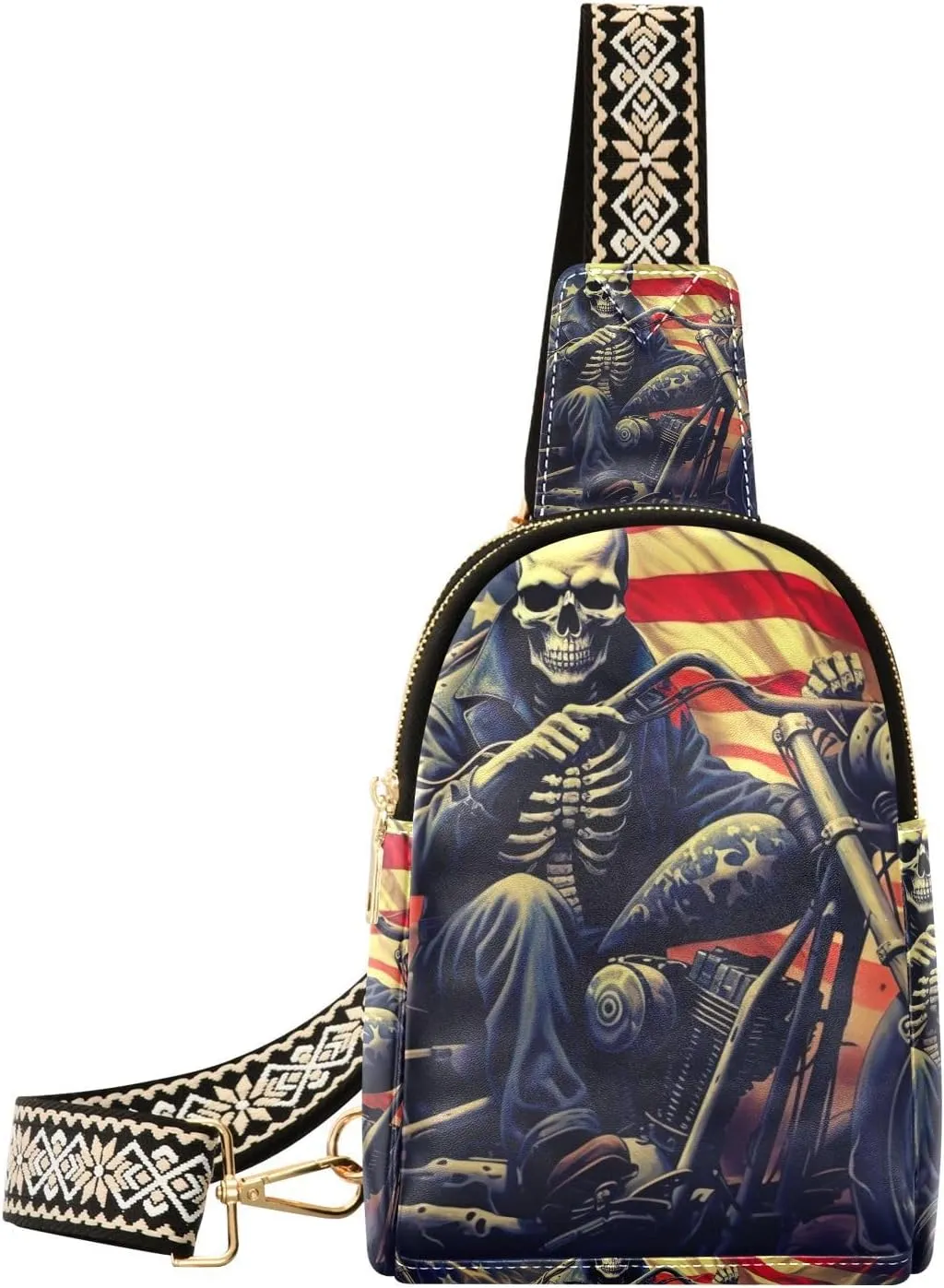 xigua Small Sling Bag for Women Vintage Motorcycle Flag Fanny Pack Faux Leather Crossbody Bags Lightweight Chest Bag