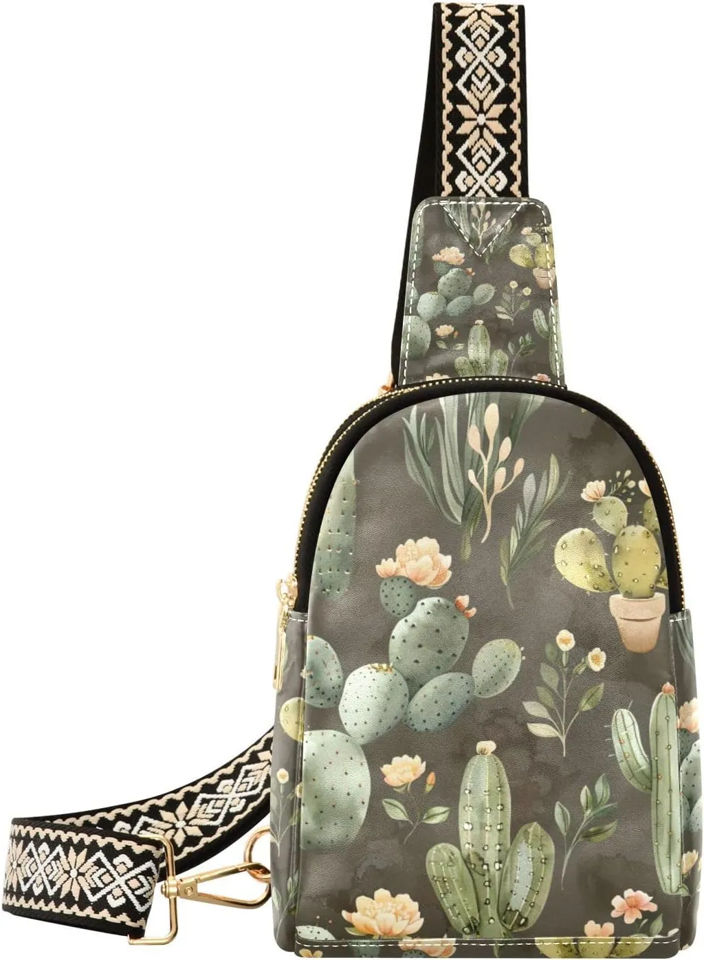 xigua Small Sling Bag for Women Watercolor Cactus Fanny Pack Faux Leather Crossbody Bags Lightweight Chest Bag