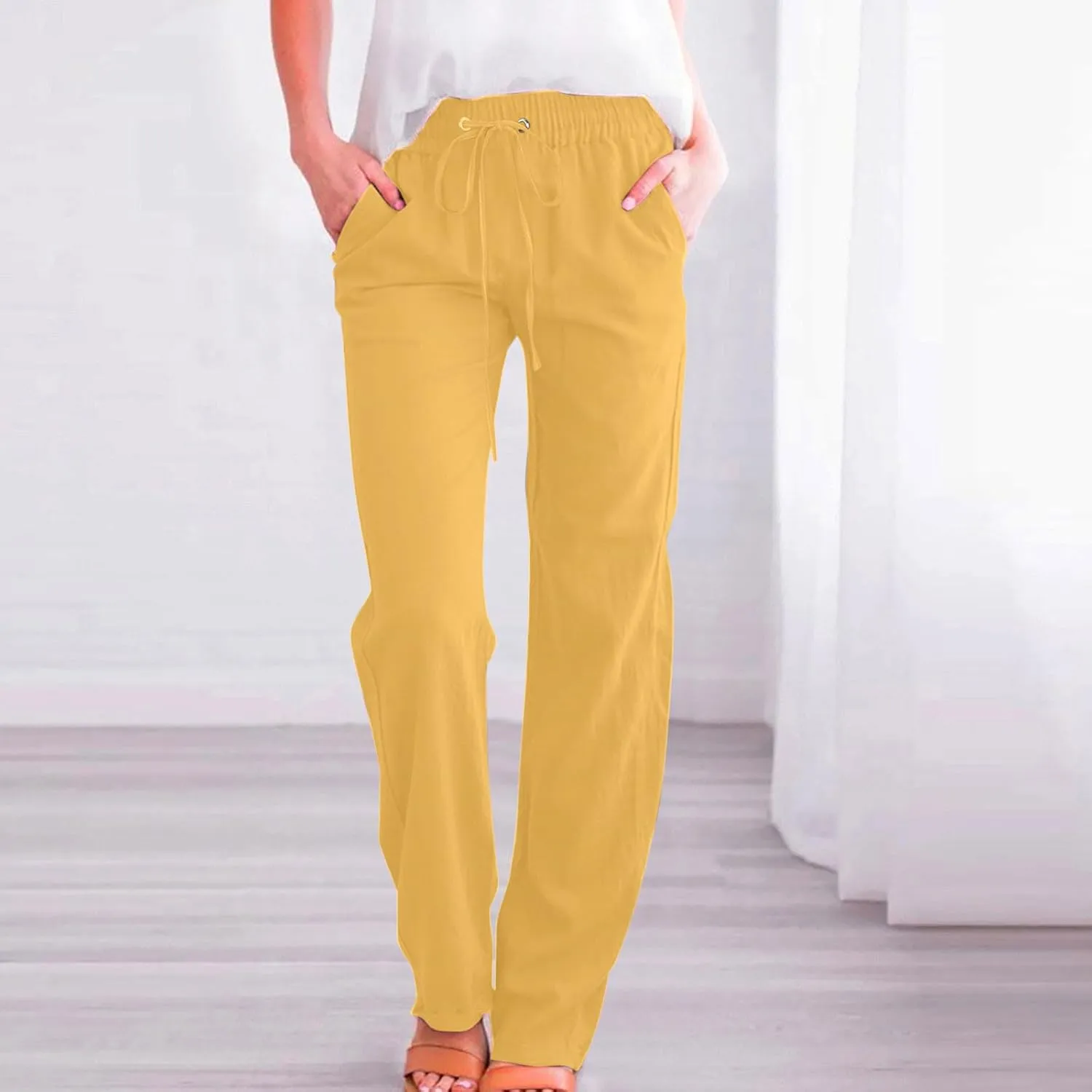 YRAETENM Cotton Linen Pants for Women Summer Loose Fit Elastic Waist Solid Lounge Trousers Casual Comfy Beach Travel Clothes