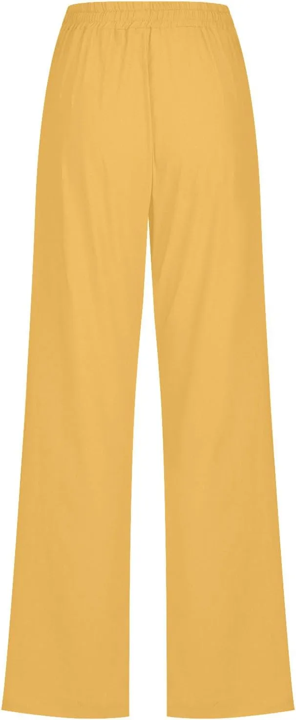 YRAETENM Cotton Linen Pants for Women Summer Loose Fit Elastic Waist Solid Lounge Trousers Casual Comfy Beach Travel Clothes