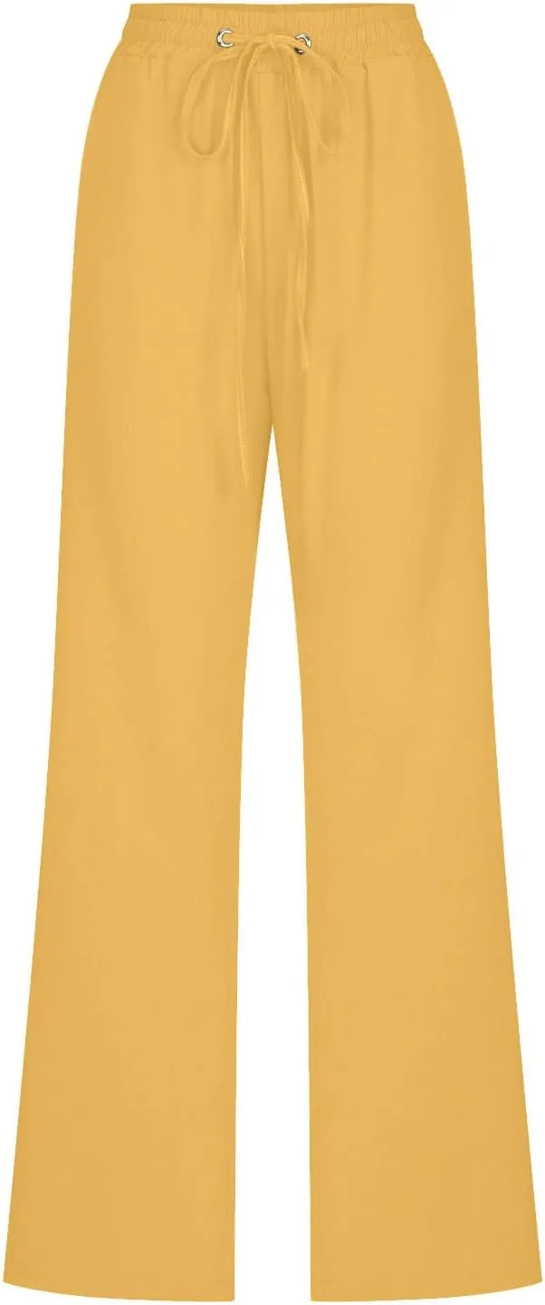 YRAETENM Cotton Linen Pants for Women Summer Loose Fit Elastic Waist Solid Lounge Trousers Casual Comfy Beach Travel Clothes