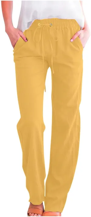 YRAETENM Cotton Linen Pants for Women Summer Loose Fit Elastic Waist Solid Lounge Trousers Casual Comfy Beach Travel Clothes