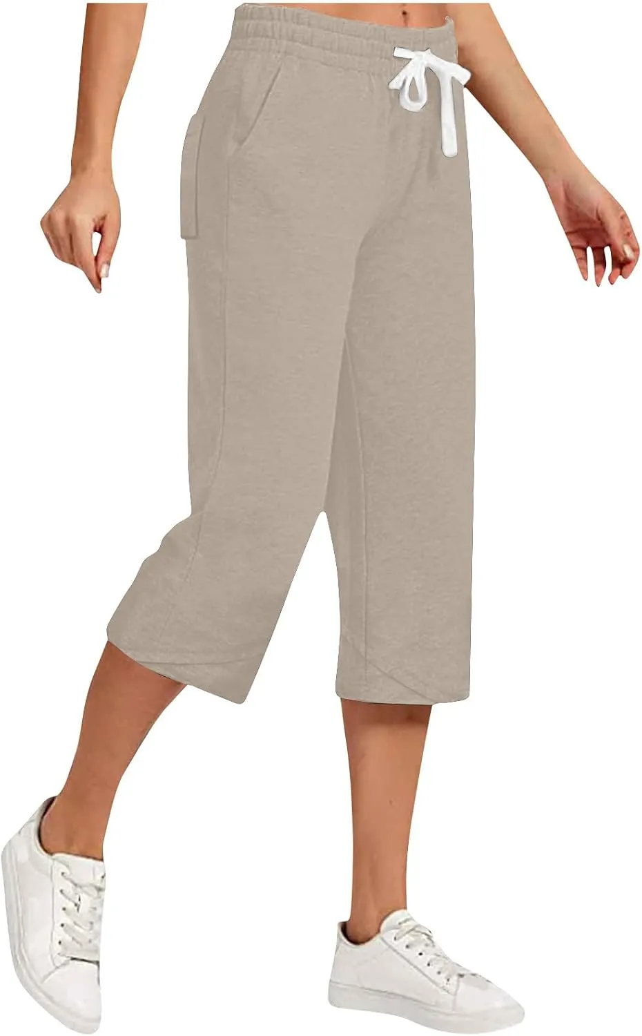 YRAETENM Linen Capri Pants for Women Summer Drawstring Elastic Waist Workout Joggers Casual Wide Leg Cropped Capris Trousers