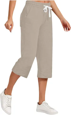 YRAETENM Linen Capri Pants for Women Summer Drawstring Elastic Waist Workout Joggers Casual Wide Leg Cropped Capris Trousers