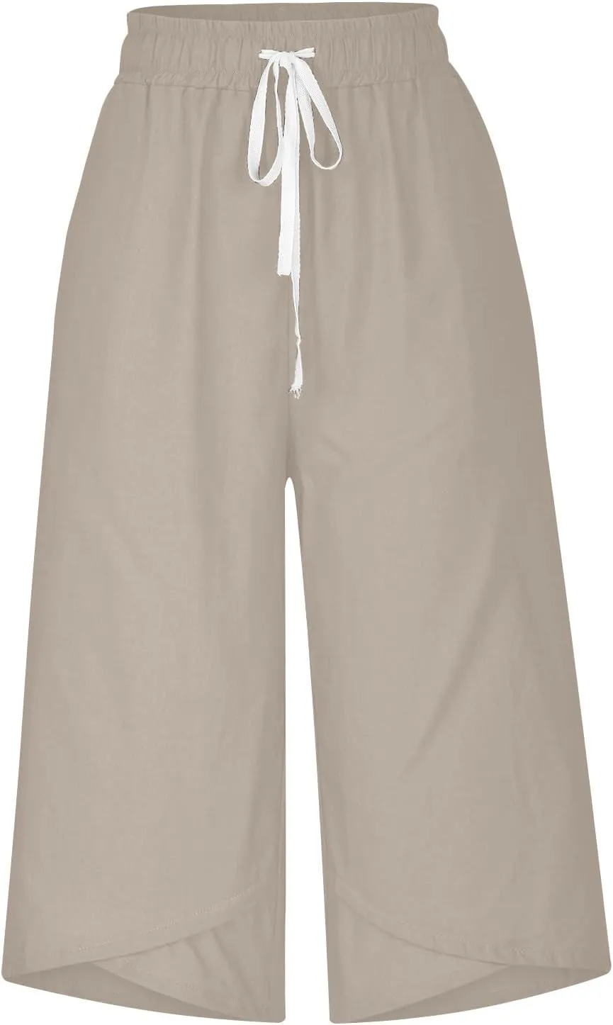 YRAETENM Linen Capri Pants for Women Summer Drawstring Elastic Waist Workout Joggers Casual Wide Leg Cropped Capris Trousers