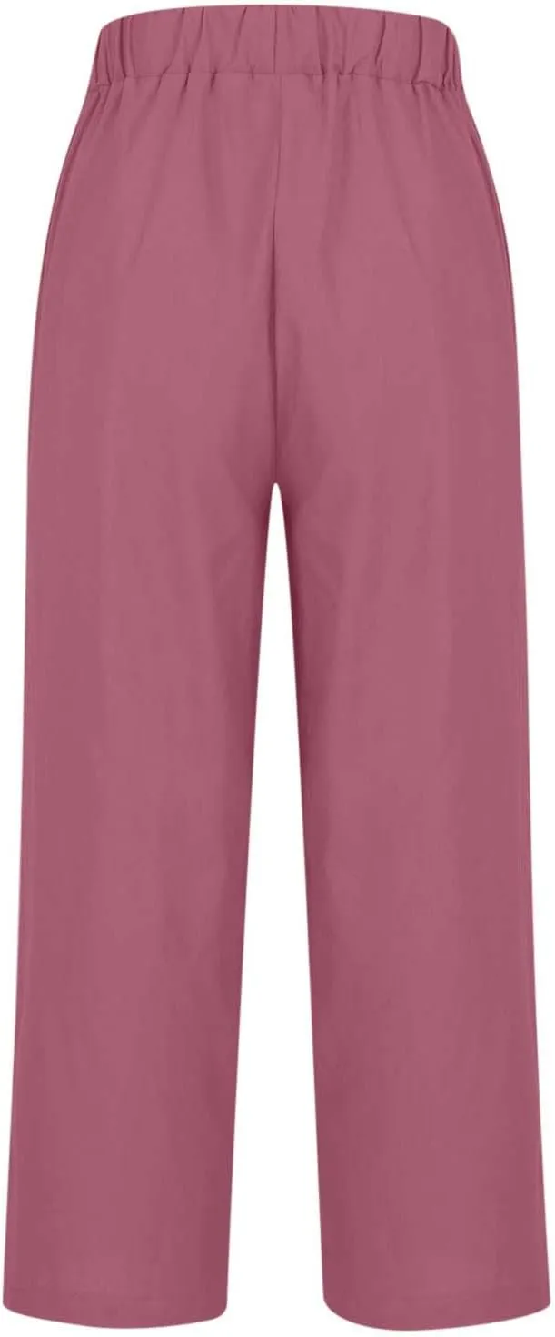 YRAETENM Linen Pants for Women Summer High Waist Elastic Straight Leg Lounge Pants Casual Loose Lightweight Beach Trousers