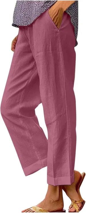 YRAETENM Linen Pants for Women Summer High Waist Elastic Straight Leg Lounge Pants Casual Loose Lightweight Beach Trousers