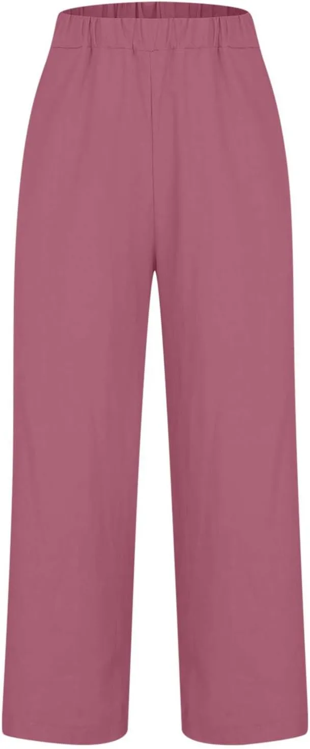 YRAETENM Linen Pants for Women Summer High Waist Elastic Straight Leg Lounge Pants Casual Loose Lightweight Beach Trousers
