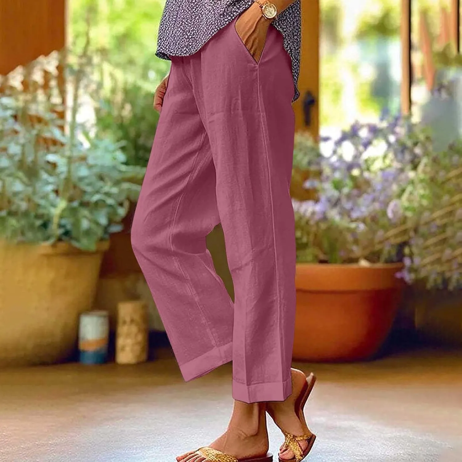 YRAETENM Linen Pants for Women Summer High Waist Elastic Straight Leg Lounge Pants Casual Loose Lightweight Beach Trousers