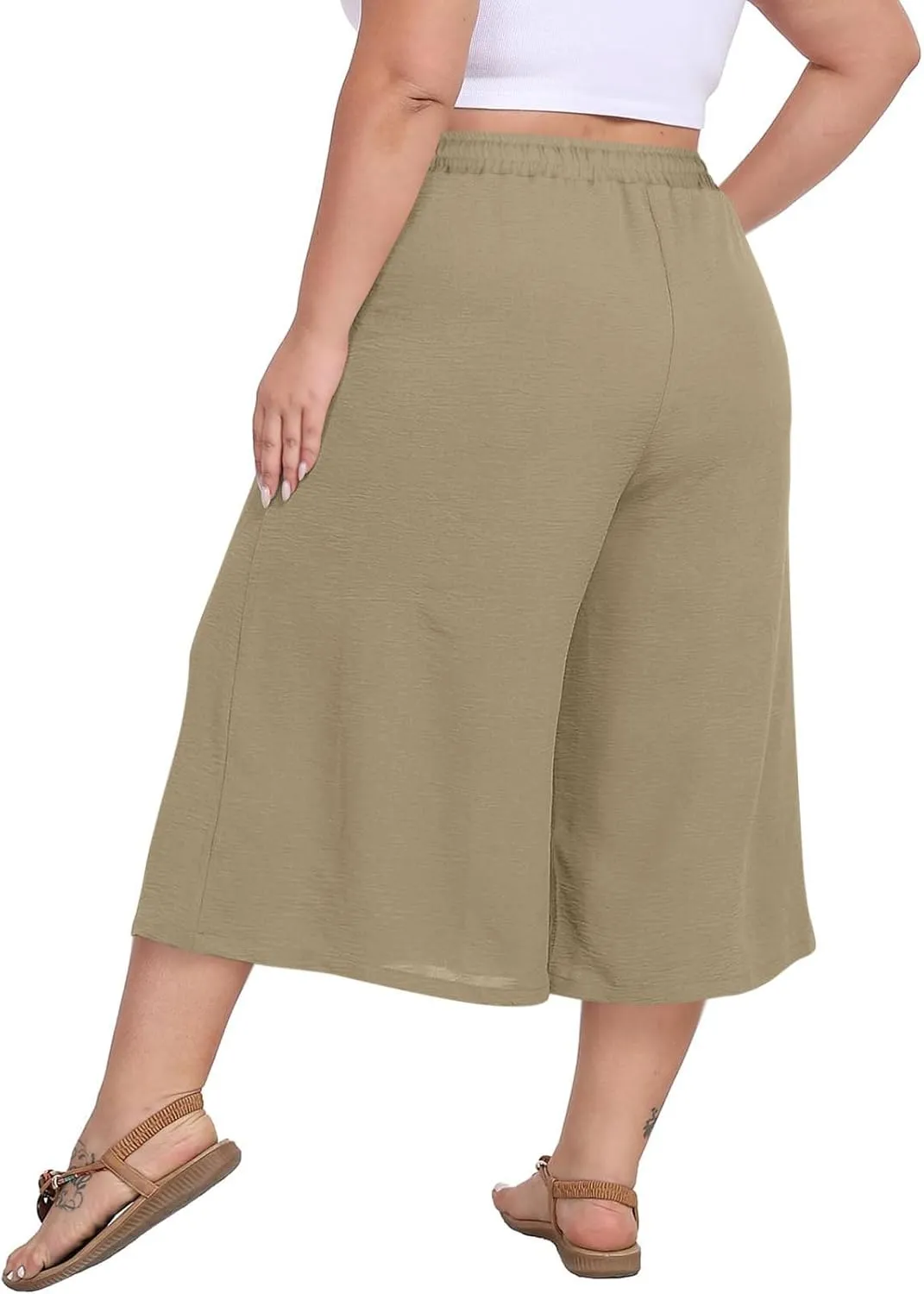 YRAETENM Plus Size Women's Linen Capri Pants Casual High Waisted Drawstring Lounge Trousers Wide Leg Capris with Pockets
