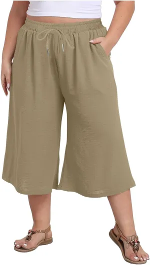 YRAETENM Plus Size Women's Linen Capri Pants Casual High Waisted Drawstring Lounge Trousers Wide Leg Capris with Pockets