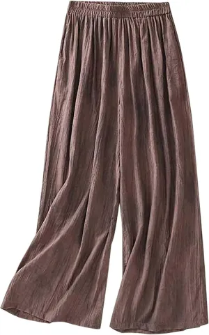YRAETENM Wide Leg Pants for Women Baggy Elastic Waist Cotton Linen Pants Plus Size Palazzo Lounge Trousers with Pockets