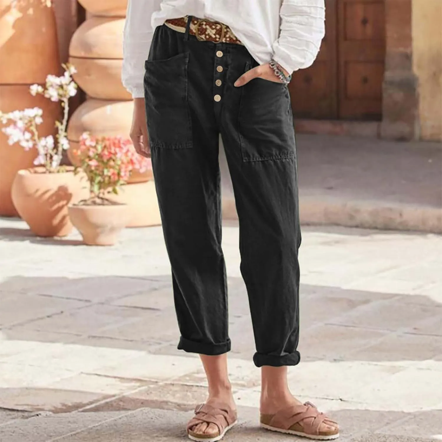 YRAETENM Women Cotton Linen Pants Casual Button High Waisted Petite Joggers Comfy Capris Tapered Ankle Trousers with Pockets