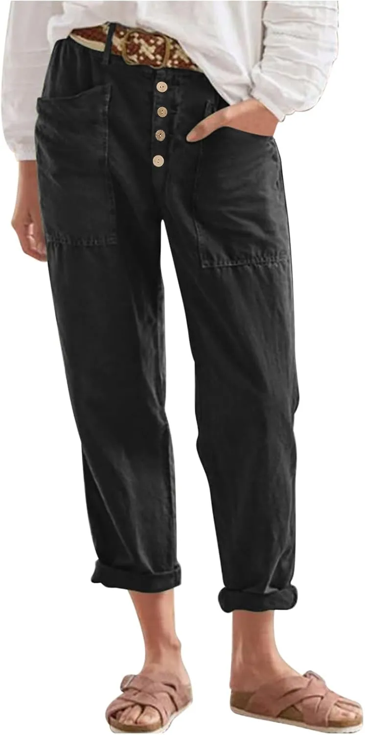YRAETENM Women Cotton Linen Pants Casual Button High Waisted Petite Joggers Comfy Capris Tapered Ankle Trousers with Pockets