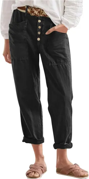 YRAETENM Women Cotton Linen Pants Casual Button High Waisted Petite Joggers Comfy Capris Tapered Ankle Trousers with Pockets