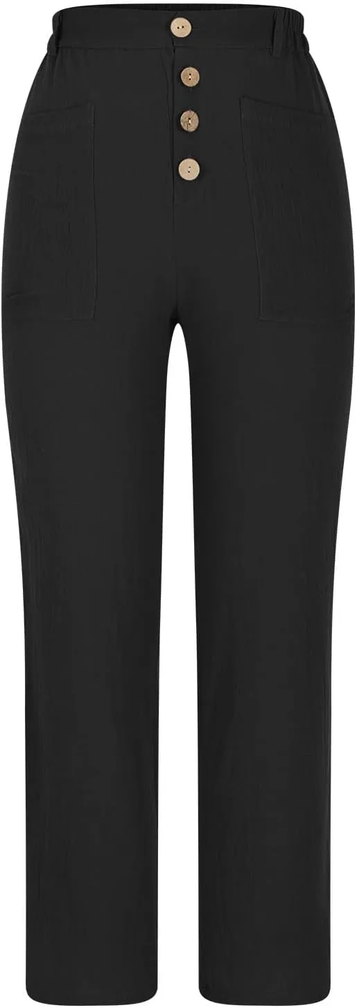 YRAETENM Women Cotton Linen Pants Casual Button High Waisted Petite Joggers Comfy Capris Tapered Ankle Trousers with Pockets