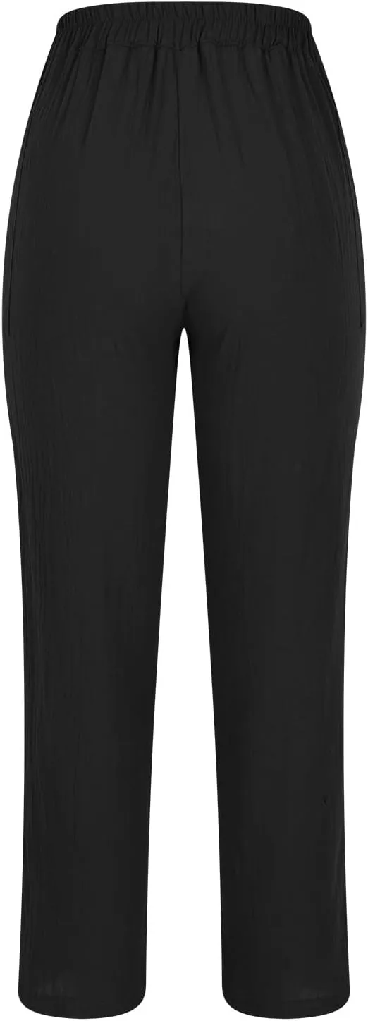 YRAETENM Women Cotton Linen Pants Casual Button High Waisted Petite Joggers Comfy Capris Tapered Ankle Trousers with Pockets