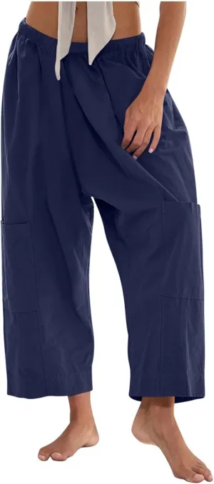 YRAETENM Womens Baggy Linen Pants Summer Casual Loose Elastic Waist Lounge Trousers Beach Palazzo Harem Pants with Pockets