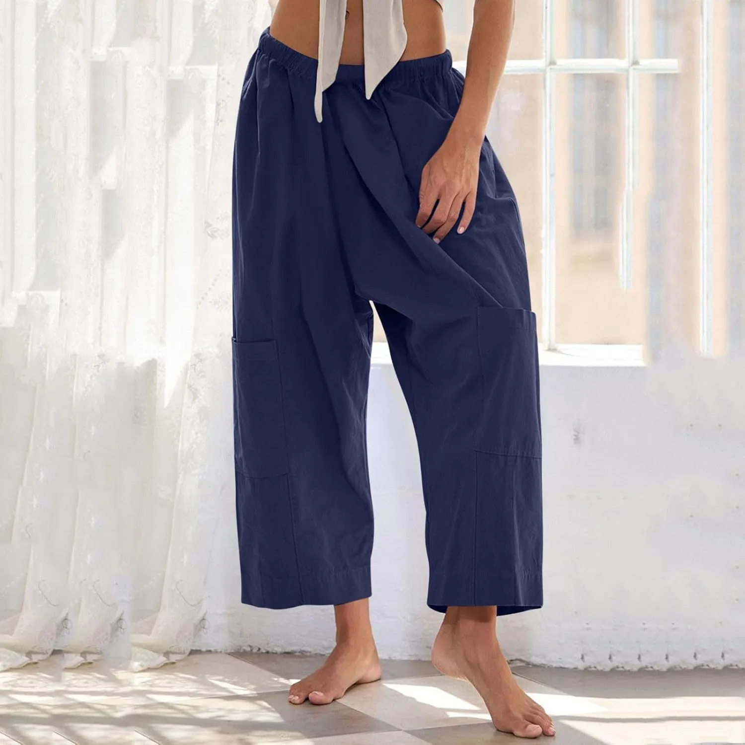 YRAETENM Womens Baggy Linen Pants Summer Casual Loose Elastic Waist Lounge Trousers Beach Palazzo Harem Pants with Pockets