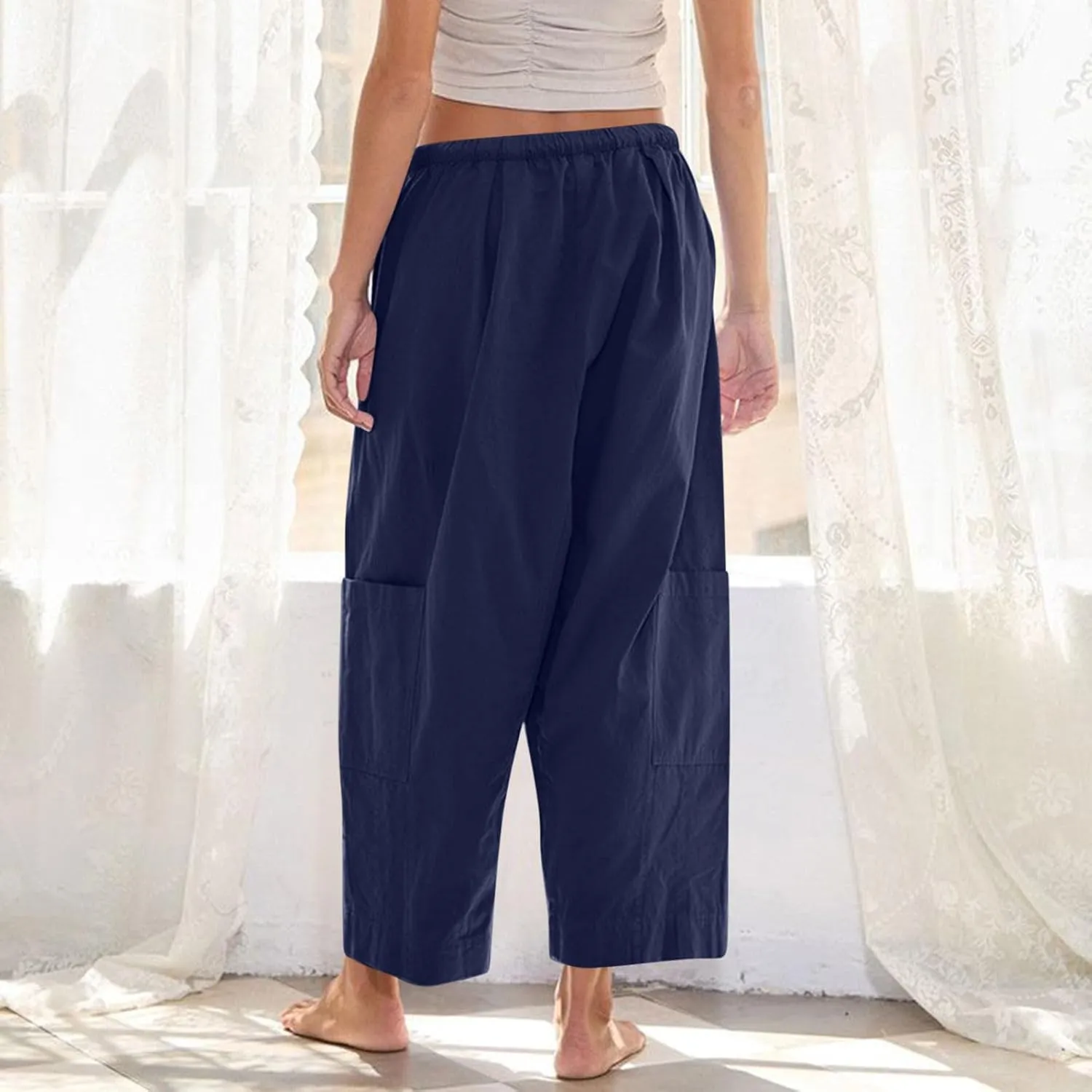 YRAETENM Womens Baggy Linen Pants Summer Casual Loose Elastic Waist Lounge Trousers Beach Palazzo Harem Pants with Pockets