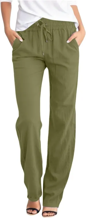 YRAETENM Womens Casual Cotton Linen Pants Summer Lightweight Loose Fit Elastic Waist Trousers Plus Size Lounge Long Trousers