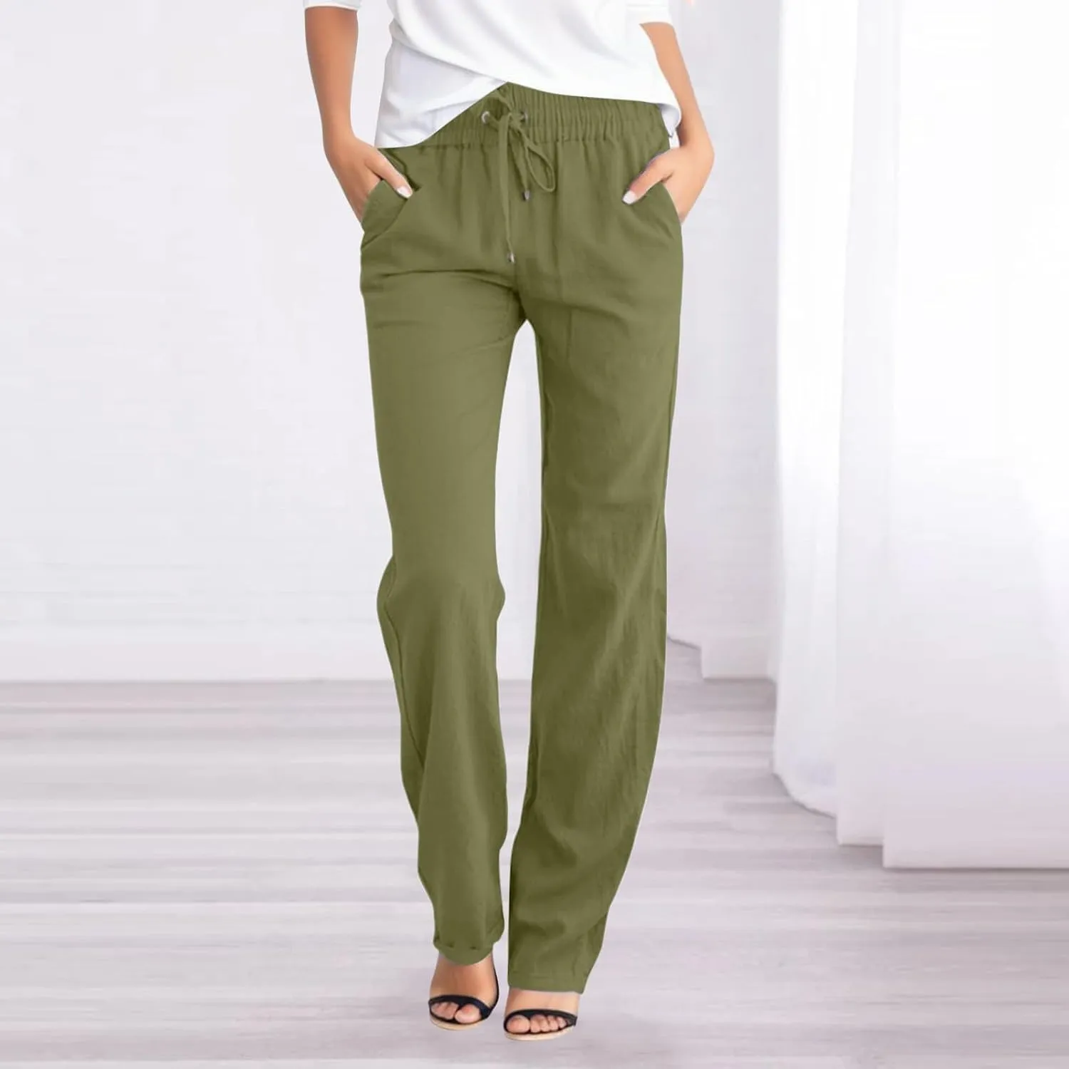YRAETENM Womens Casual Cotton Linen Pants Summer Lightweight Loose Fit Elastic Waist Trousers Plus Size Lounge Long Trousers