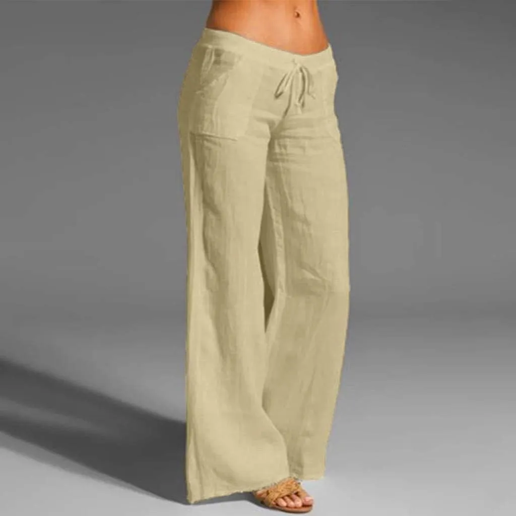 YRAETENM Womens Cotton Linen Palazzo Pants Summer Drawstring Elastic Waist Lounge Pants Casual Wide Leg Trousers with Pockets