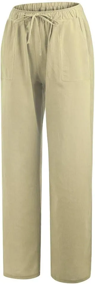 YRAETENM Womens Cotton Linen Palazzo Pants Summer Drawstring Elastic Waist Lounge Pants Casual Wide Leg Trousers with Pockets