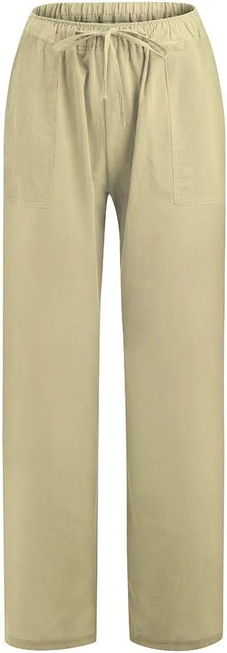 YRAETENM Womens Cotton Linen Palazzo Pants Summer Drawstring Elastic Waist Lounge Pants Casual Wide Leg Trousers with Pockets