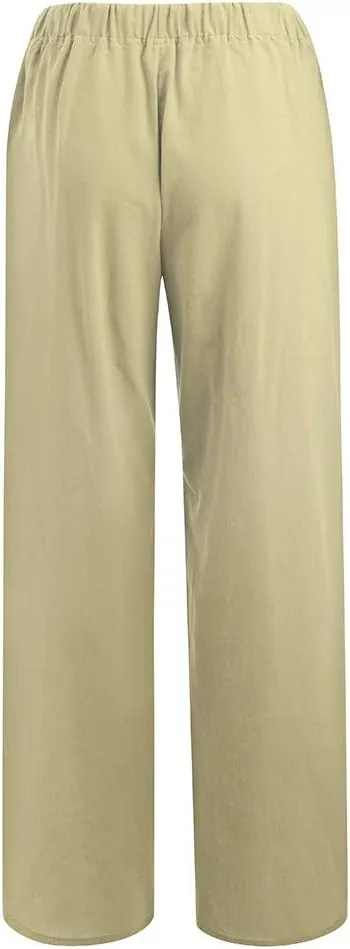 YRAETENM Womens Cotton Linen Palazzo Pants Summer Drawstring Elastic Waist Lounge Pants Casual Wide Leg Trousers with Pockets