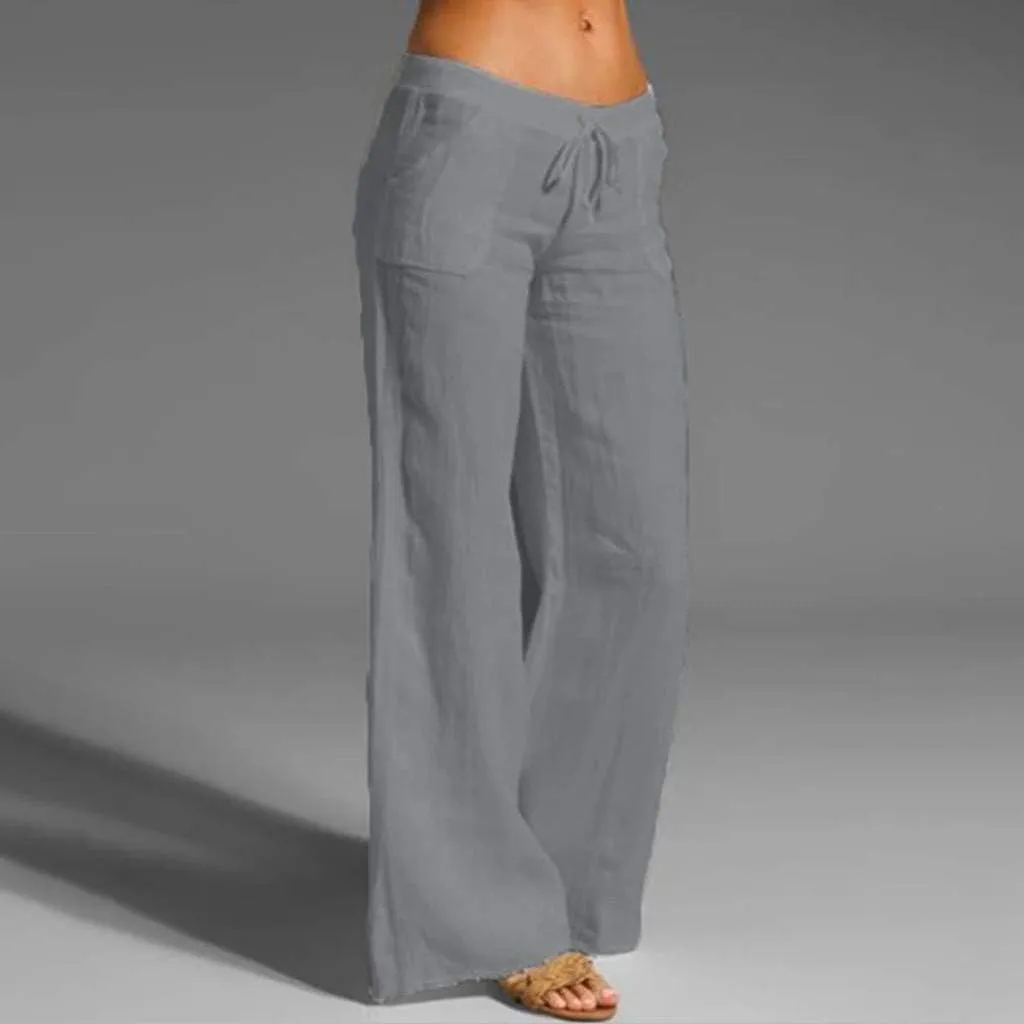 YRAETENM Womens Cotton Linen Palazzo Pants Summer Drawstring Elastic Waist Lounge Pants Casual Wide Leg Trousers with Pockets