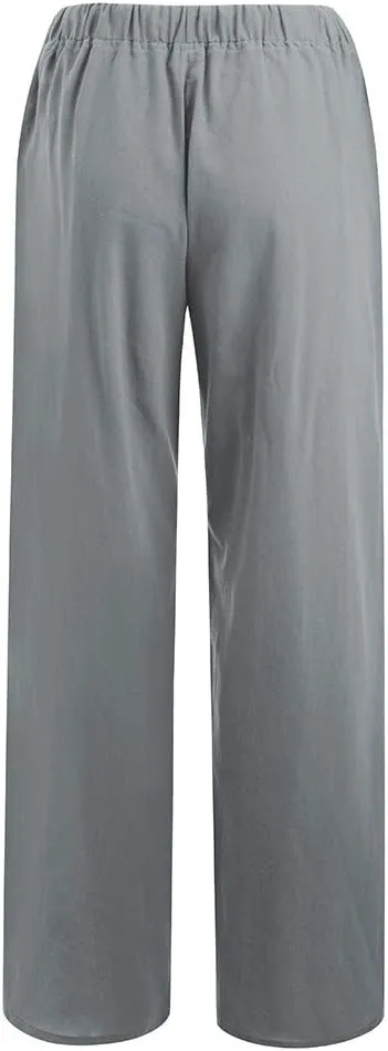 YRAETENM Womens Cotton Linen Palazzo Pants Summer Drawstring Elastic Waist Lounge Pants Casual Wide Leg Trousers with Pockets