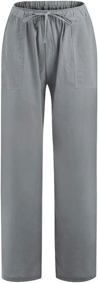 YRAETENM Womens Cotton Linen Palazzo Pants Summer Drawstring Elastic Waist Lounge Pants Casual Wide Leg Trousers with Pockets