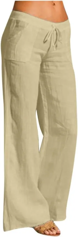 YRAETENM Womens Cotton Linen Palazzo Pants Summer Drawstring Elastic Waist Lounge Pants Casual Wide Leg Trousers with Pockets