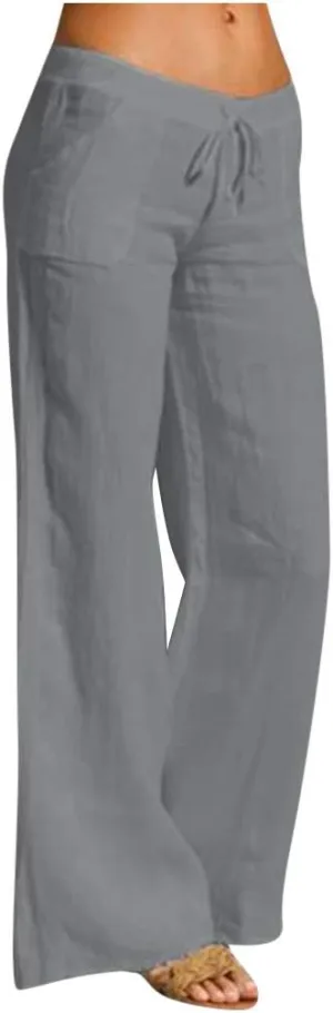YRAETENM Womens Cotton Linen Palazzo Pants Summer Drawstring Elastic Waist Lounge Pants Casual Wide Leg Trousers with Pockets