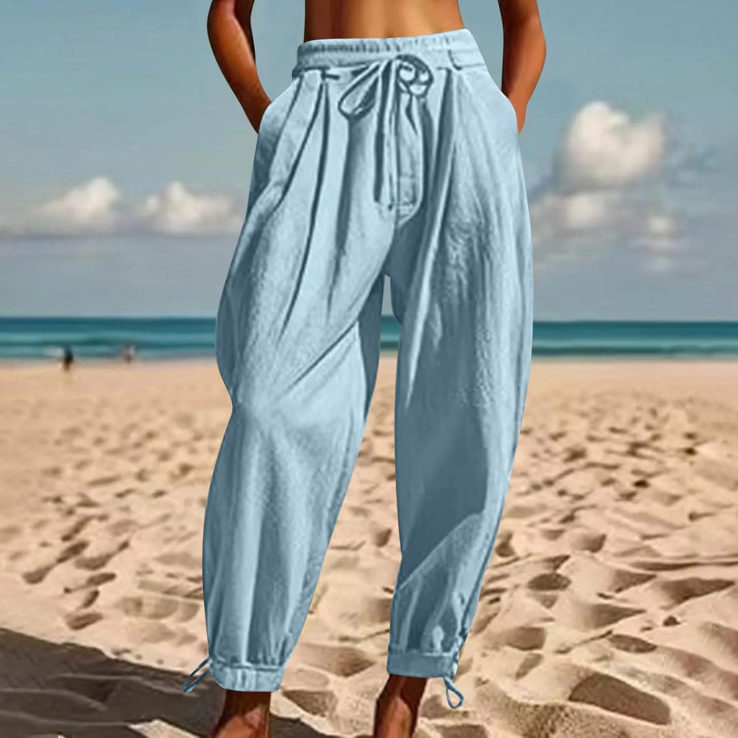 YRAETENM Womens Linen Pants Cotton Baggy Palazzo Harem Pants Drawstring Elastic Waist Beach Yoga Trousers Casual Lounge Pants