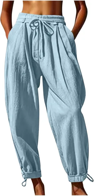 YRAETENM Womens Linen Pants Cotton Baggy Palazzo Harem Pants Drawstring Elastic Waist Beach Yoga Trousers Casual Lounge Pants