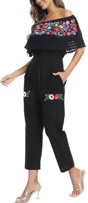 YZXDORWJ Women's Mexican Floral Embroidered Jumpsuits Casual Lace Short Sleeves Pants with Two Pockets