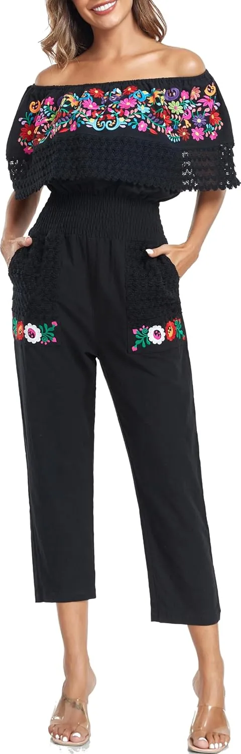 YZXDORWJ Women's Mexican Floral Embroidered Jumpsuits Casual Lace Short Sleeves Pants with Two Pockets