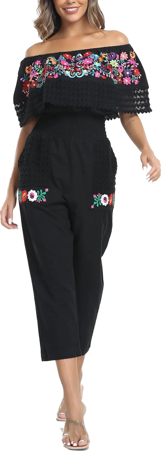 YZXDORWJ Women's Mexican Floral Embroidered Jumpsuits Casual Lace Short Sleeves Pants with Two Pockets