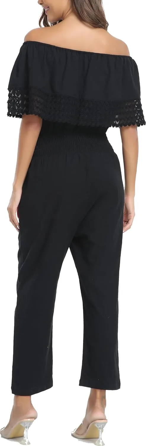 YZXDORWJ Women's Mexican Floral Embroidered Jumpsuits Casual Lace Short Sleeves Pants with Two Pockets