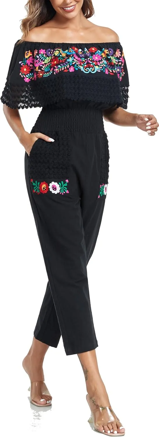 YZXDORWJ Women's Mexican Floral Embroidered Jumpsuits Casual Lace Short Sleeves Pants with Two Pockets