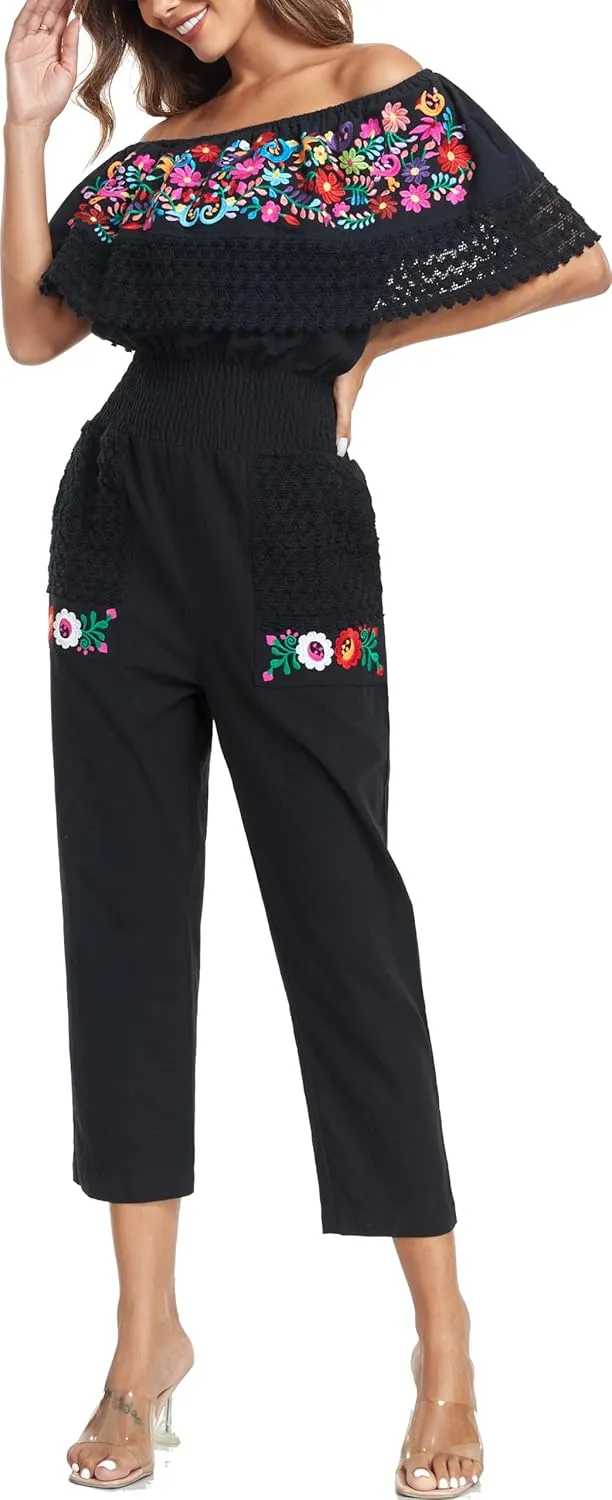 YZXDORWJ Women's Mexican Floral Embroidered Jumpsuits Casual Lace Short Sleeves Pants with Two Pockets