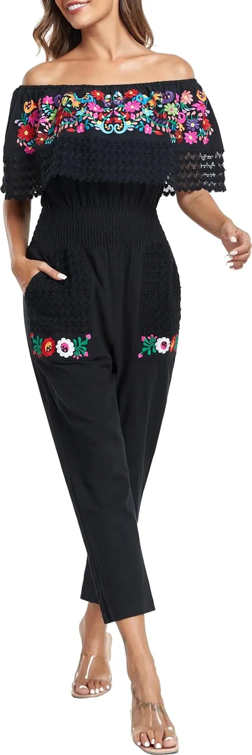 YZXDORWJ Women's Mexican Floral Embroidered Jumpsuits Casual Lace Short Sleeves Pants with Two Pockets