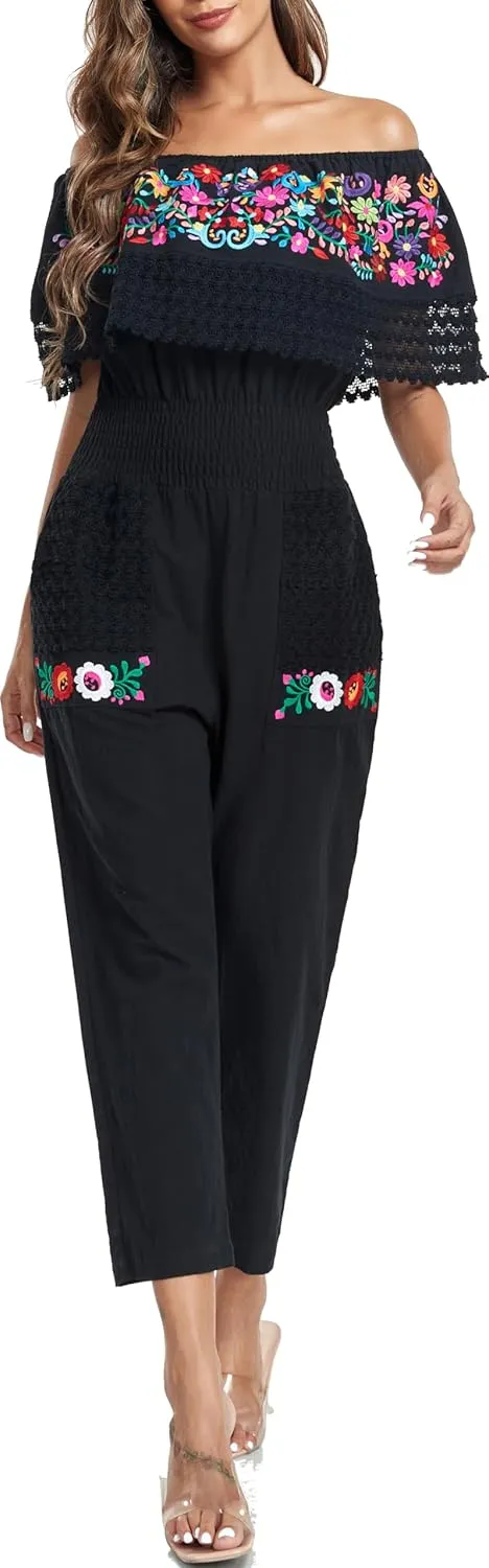 YZXDORWJ Women's Mexican Floral Embroidered Jumpsuits Casual Lace Short Sleeves Pants with Two Pockets