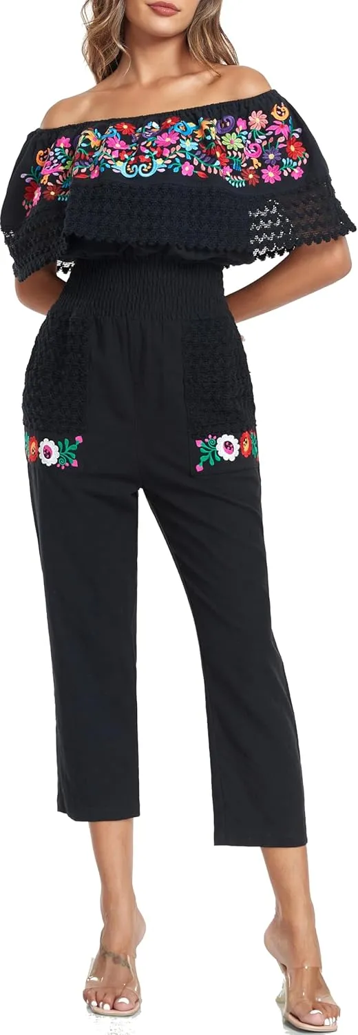 YZXDORWJ Women's Mexican Floral Embroidered Jumpsuits Casual Lace Short Sleeves Pants with Two Pockets