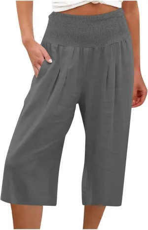ZDRZK Linen Wide Leg Pants for Women 2023 Summer High Waist Smocked Capri Pants Casual Wide Leg Beach Pant Trousers