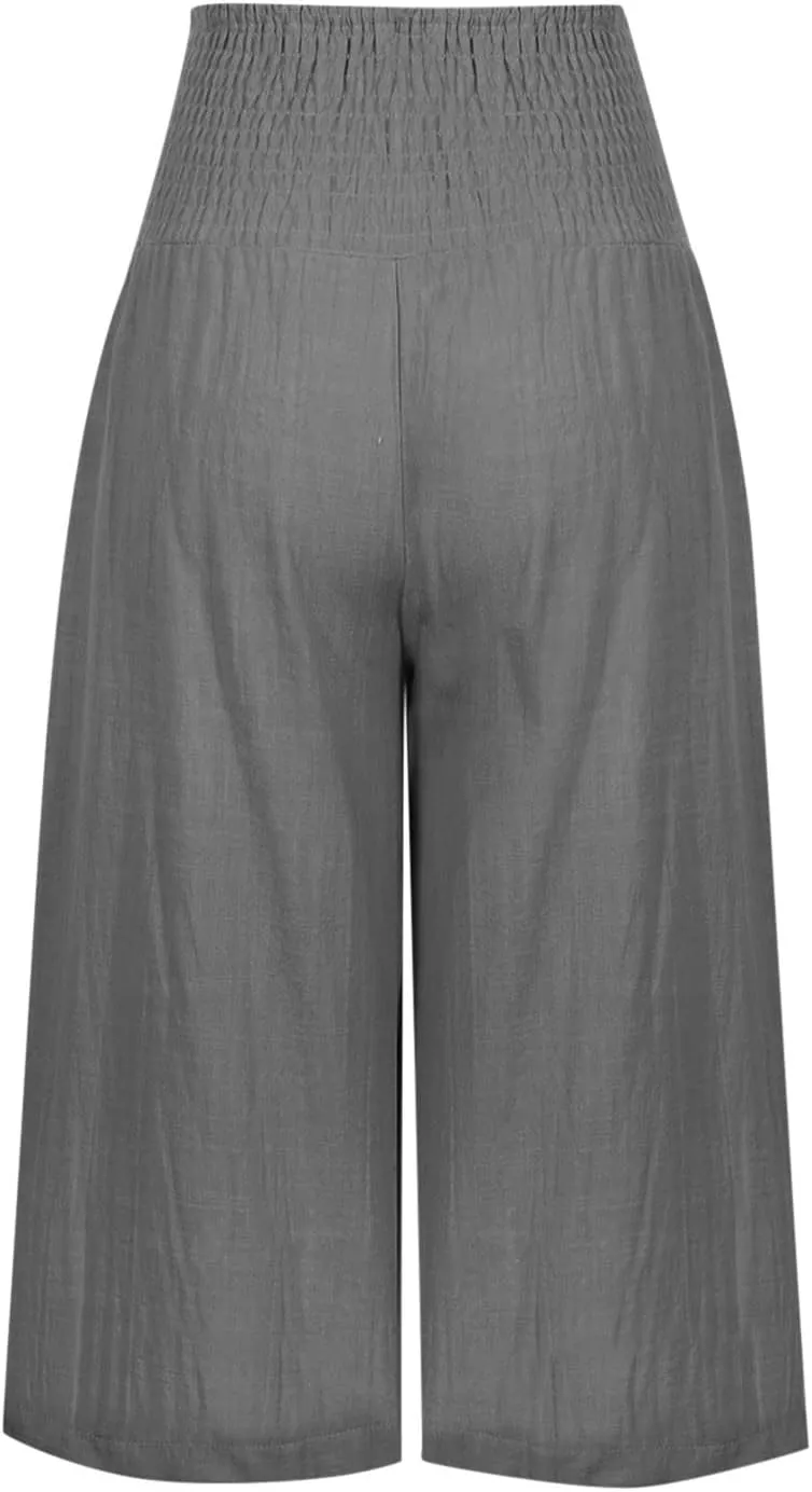 ZDRZK Linen Wide Leg Pants for Women 2023 Summer High Waist Smocked Capri Pants Casual Wide Leg Beach Pant Trousers